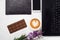 Cup of coffee cappuccino laptop flowers chocolate candy notebook mobile phone smartphone