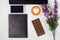 Cup of coffee cappuccino laptop flowers chocolate candy notebook mobile phone smartphone
