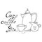 Cup of coffee, ceramic milk jug, coffee pot icon. Vector illustration of a coffee set. Hand drawn classic coffee pot, milk jug