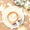 Cup of coffee or chai tea with latte art and Christmas decor. Leasure time concept. Pastel colors. Festive bold bokeh