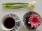 Cup of coffee, chocholate muffin with pink flower, snowdrops, from above