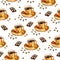 Cup of coffee and chocolate blocks. Watercolor seamless pattern