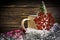 Cup of coffee christmas breakfast t card raditional morning greeting beverage tree branch, festive background
