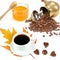 Cup of coffee, coffee pot and grains of coffee, honey and chocolates isolated on white .Collage