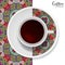 Cup of coffee with colorful ornament on a saucer and vertical seamless floral geometric pattern, interior design