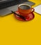 Cup of coffee, composition   workspace  laptop keyboard lifestyle  marketing  fashion  composition on a colored background stylish