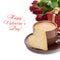 Cup of coffee, cookie in the shape of heart, gift and roses