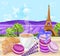 Cup of coffee with Croissants and macaroons french traditional desserts Vector. Lavender fields and Eiffel Tower