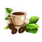 Cup of coffee decorated beans and green leaves