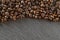 Cup coffee drink espresso background. Dark beans for black caffeine breakfast in cafe food. Brown roasted coffee seeds
