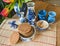 Cup of coffee with Dutch cookies stroopwafels. Table with Dutch blue souvenirs,top view