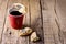 Cup of Coffee Espresso Black Coffee and Broken Cookie Wooden Background Horizontal Copy Space