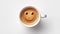 Cup of coffee with foam and smile, top view. cofee bean, on white background