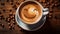 Cup of coffee with foam and smile, top view. cofee bean, on wooden background