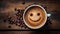 Cup of coffee with foam and smile, top view. cofee bean, on wooden background