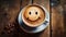 Cup of coffee with foam and smile, top view. cofee bean, on wooden background