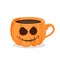 Cup of coffee in form of pumpkin with grinning face. Halloween coffee party