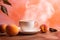 Cup of coffee with fresh apricots on orange background