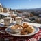 cup of coffee with greek panorama for breakfast , generated by AI