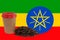 A cup of coffee and a handful of roasted coffee beans against the background of the Ethiopian flag