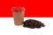 A cup of coffee and a handful of roasted coffee beans against the background of the Indonesian flag