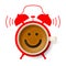 Cup of coffee with happy smiling face and silhouette of alarm clock