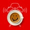 Cup of coffee with happy smiling face and silhouette of alarm clock