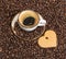 Cup coffee heart cake Love concept Beans background