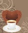 Cup and coffee heart on the ornamental background