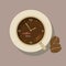 A cup of coffee with an hour dial on the surface of the drink and the inscription coffee time. Break from work and rest
