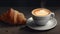 A cup of coffee with latte art and a croissant on a plate three generative AI