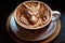 Cup of coffee with latte art, milk foam dragon illustration. Cozy atmosphere. Symbol of New Year 2024 cappuccino coffee.