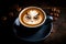 Cup of coffee with latte art, milk foam owl illustration. Christmas coffee cup. Cozy atmosphere. Christmas and New Year