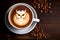 Cup of coffee with latte art, milk foam owl illustration. Christmas coffee cup. Cozy atmosphere. Christmas and New Year