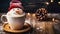 Cup of coffee with latte art, milk foam snowman. Christmas coffee cup. Cozy atmosphere. Holiday background with copy