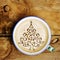 Cup of coffee latte, cappuccino and Christmas tree arranged from