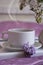 Cup of coffee, lilac march in the apartment romantic floral