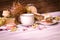 Cup of coffee with macaroons, dried flowers protea