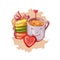 Cup of coffee, macaroons and heart shape chocolate candy isolated sketch. Vector illustration of postcard on February 14