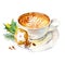 Cup of coffee with milk, cookies, anise, cinnamon and fir tree branch. Watercolor hand-drawn object isolated on white