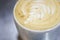 Cup of coffee with milk. Lattee art. Blurred background. Hot seasonal drink.