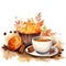 A cup of coffee and a muffin on a plate. Pumpkin spice latte.