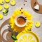 Cup of coffee on natural sunflower flower. Composite image, collage. Sunshine energy in the cup. Simple minimal concept