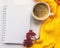 A Cup with Coffee, Notepad, red viburnum berries, yellow sweater over a white background.