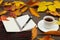 Cup of coffee, open notebook, pen and scarf among autumn fallen leaves on wooden table