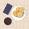 Cup of coffee, pancakes with blueberry on plate top view and phone on modern background. Advertisement composition, poster.