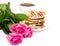 Cup of coffee, pancakes and roses