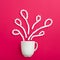 Cup of coffee and pattern of marshmallows on pink background. Flat lay. Top view