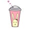 Cup of coffee with pink heart, yellow rabbit, black bow tie. Vector paper cup of tea. Plastic hot drink glass. Container juice