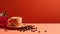 Cup of Coffee with Red Rose and Coffee Beans with Red Background